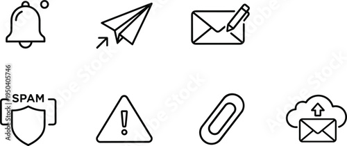 Vector illustration of email communication icons set including notification bell paper plane spam shield alert and cloud upload mail symbols.