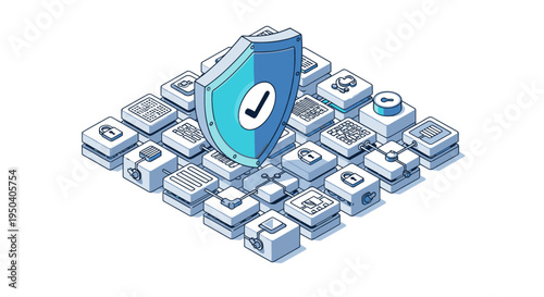 Digital Security Shield Protecting Data and Information Blocks.