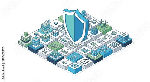 Digital Security Shield Protecting Data Network Isometric Illustration.