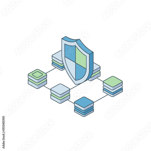 Isometric Data Security Network with Shield Icon.