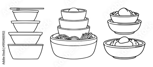 Bento box set with minimalist lines and clean outlines featuring Japanese cuisine, food container, lunchbox with traditional bento and Asian food