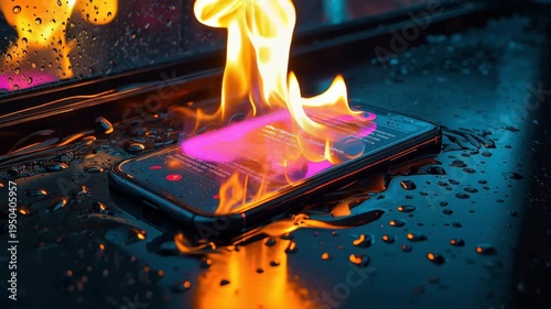 雨の夜に濡れたスマホ画面が燃えるネット炎上のイメージ表現