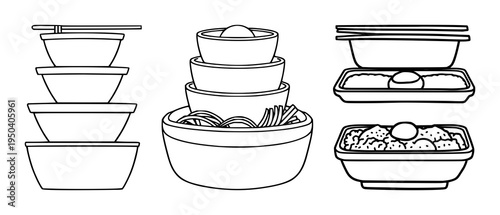 Bento box set with minimalist lines and clean outlines featuring Japanese cuisine, tableware, lunchbox with food and snack