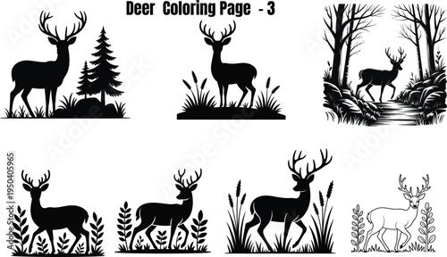 Deer silhouettes in forest scenes trees grass