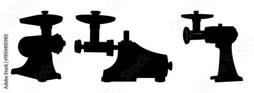 Meat grinder set with solid black silhouette of an industrial meat grinder featuring manual tool, vintage, solid fill with white background and black art
