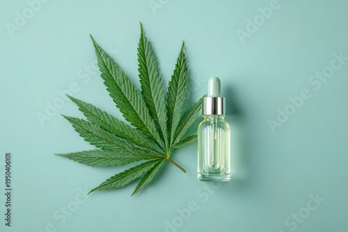 A cannabis leaf is placed next to a glass dropper bottle filled with hemp oil on a blue background. The focus is on medicinal marijuana products and their uses