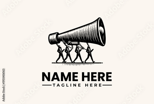 A black and white illustration of stick figures holding a large megaphone with a placeholder name and tagline on a plain background, featuring a logo and pictogram design.