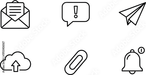 Vector illustration of communication icons set including email message cloud upload bell notification paper plane and chat symbols for business.