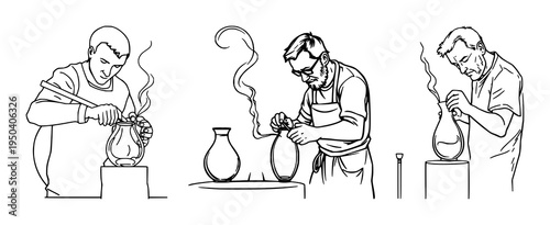 Glassblowing set with continuous line art of a glassblower shaping a vessel featuring glass art, craft, movement with thin black line and white background