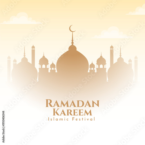 A soft, gradient illustration of a mosque silhouette with a crescent moon, featuring "Ramadan Kareem" text, symbolizing an Islamic festival.