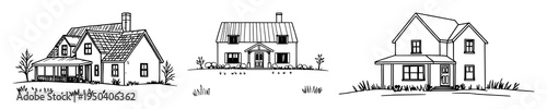 Abstract country house set with a sole continuous line illustration showing a stylized rural dwelling featuring line art, minimalist, black and white with vector and illustration
