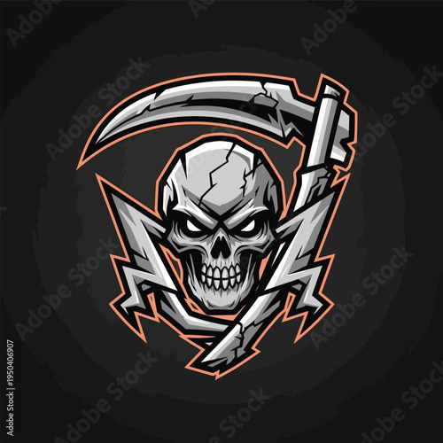 Skull with scythe and lightning bolts.