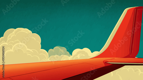 Illustration of a red aircraft tail and wing against a teal sky and fluffy clouds