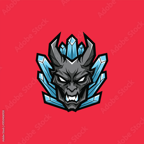 Gray demon head with blue crystals.