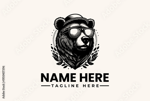 A black and white illustration of a bear wearing sunglasses and a hat, surrounded by leaves and a dotted line, with a shield shape and text space for 'NAME HERE' and 'TAGLINE HERE'.