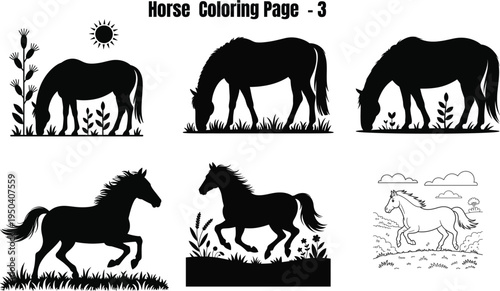 Black and white horse silhouettes and line for coloring