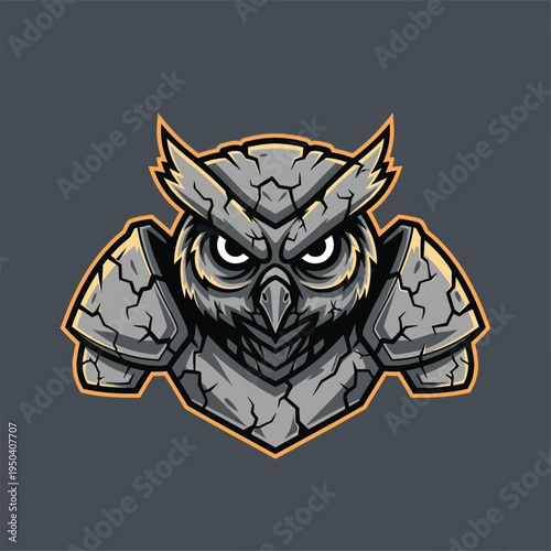 Gray stone owl head logo.