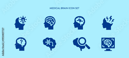 Brain medical healthcare icon set include thinking, head pain, headache, neuron, MRI scan for scientific treatment magnetic resonance disease or depression psychology disorder. solid glyph icons.
