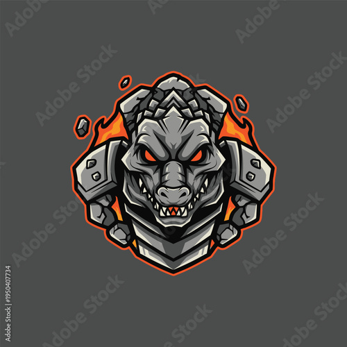 Robotic dinosaur head with glowing eyes.