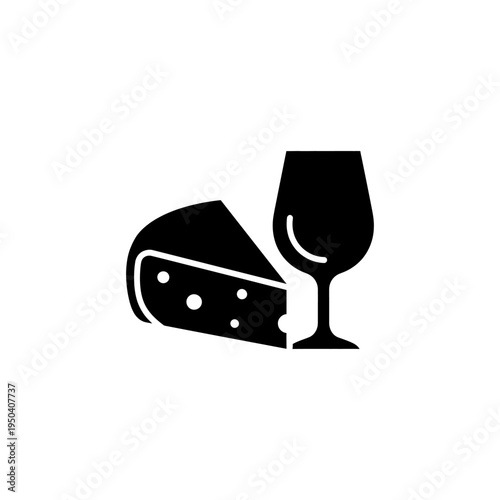 black solid silhouette icon of cheese wedge and wine glass silhouette