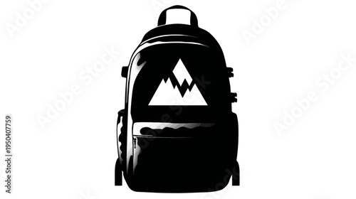 A black and white backpack silhouette with a mountain graphic on the front. Features a top handle and straps
