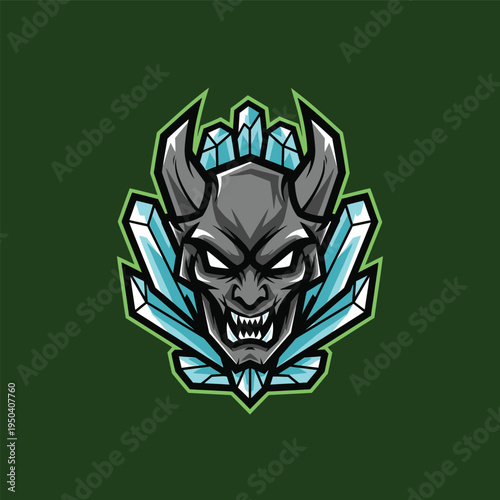 Gray demon head with blue crystals.