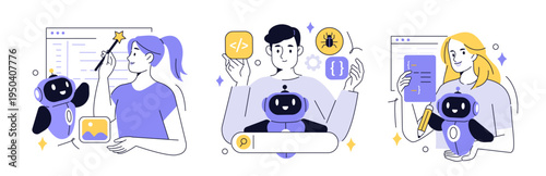 Characters using ai services for vibe coding, no code development, programming, debugging. Artificial intelligence assisted business. Vector doodle illustration.
