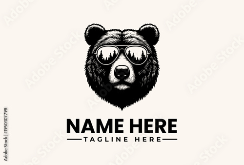 A black and white illustration of a bear wearing sunglasses with a name and tagline placeholder text on a plain background, featuring a logo, vector, illustration, icon, pictogram logo
