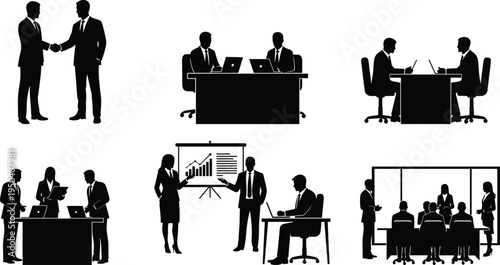 Business people silhouettes set showing handshake meeting presentation teamwork office discussion and corporate professionals working in different situations vector collection