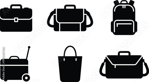 Vector illustration of business bags set including briefcase messenger bags tote and suitcase icons for office work corporate travel luggage.