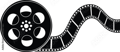 Classic film reel with flowing film strip isolated vector illustration representing cinema production, movie industry, filmmaking technology, entertainment media concept design.