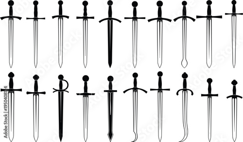 Medieval sword silhouettes collection isolated on light background featuring various historical weapon designs for fantasy, heraldry, knight, and medieval themed projects