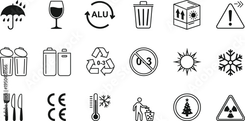 Packaging and product label icons set including recycling symbols safety signs temperature food safe CE mark waste disposal vector collection