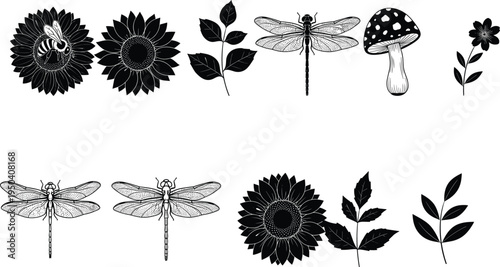 Nature silhouette collection featuring sunflower, leaves, dragonfly, bee and mushroom botanical elements isolated vector illustration for natural design themes.