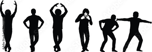 Set of male dancer silhouettes performing expressive dance poses isolated on white background, dynamic movement, choreography, performance art, entertainment concept.
