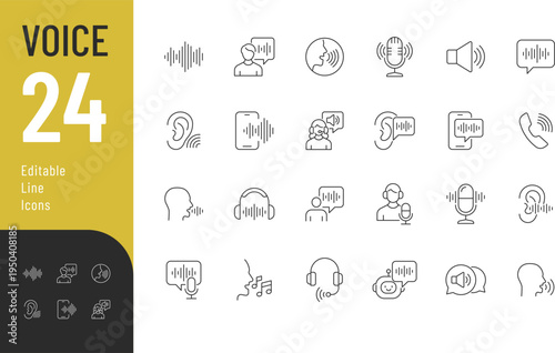 Voice Line Editable Icons set. Vector illustration in modern thin style of sound related icons: sound wave, voice message, voice recognition, and more. Isolated on transparent background.
