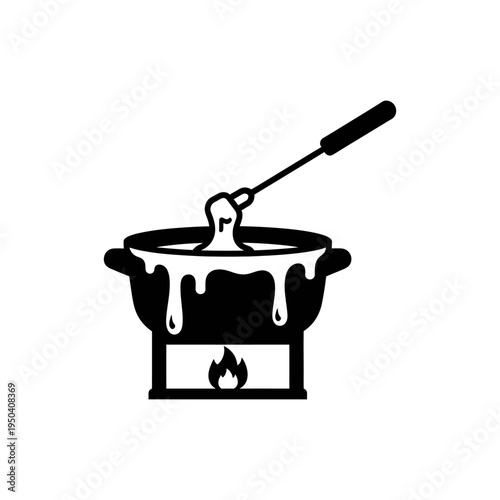 black solid silhouette icon of cheese fondue pot with dripping cheese