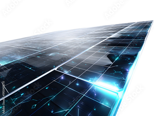 Futuristic solar panel array with glowing blue energy lines isolated on white background showing advanced photovoltaic power technology