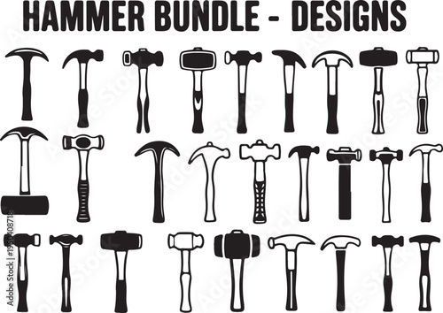 Hammer bundle with twenty four black silhouette icons for construction and DIY projects on checkered background