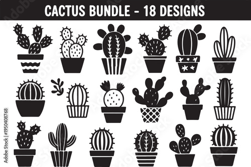 Cactus bundle with eighteen black silhouette icons for plant and desert decoration on checkered background