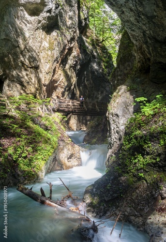 Bridge over a stream, mountain stream flowing through a narrow gorge, gorge with river, Wolfsklamm, Stans, Tyrol, Austria