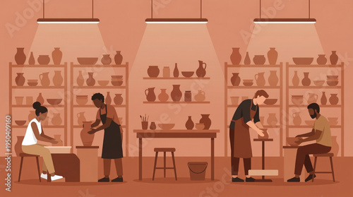 Pottery Class People Learning to Craft with Clay on Pottery Wheels