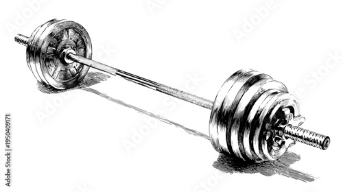 A grayscale illustration of a barbell with plates, lying on a white surface, creating a shadow