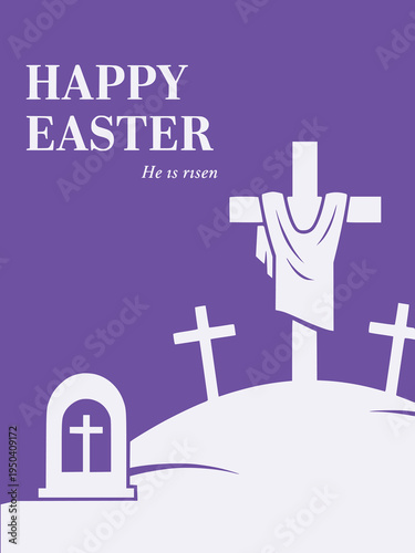 Happy Easter Religious Card with Crosses and Empty Tomb Silhouette