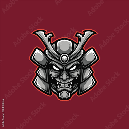 Samurai helmet with menacing facial expression.