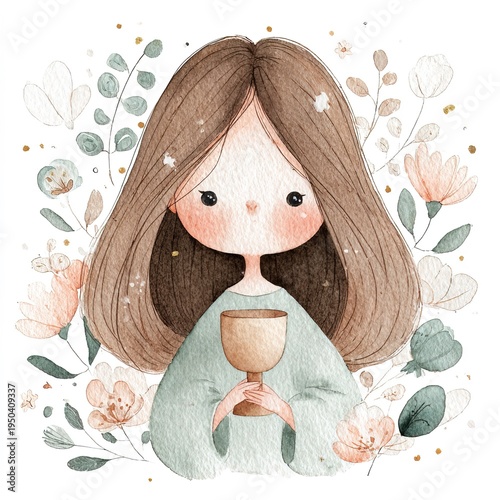 A cartoon girl stands holding a communion cup. Flowers and leaves surround her in a soft watercolor design. The girl has a gentle expression and long hair. This artwork fits religious themes