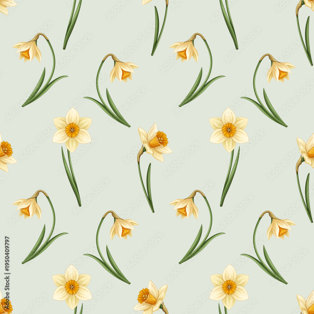 Fototapeta premium Seamless floral pattern with daffodil narcissus flowers on sage green background, spring botanical repeat for textile and wallpaper
