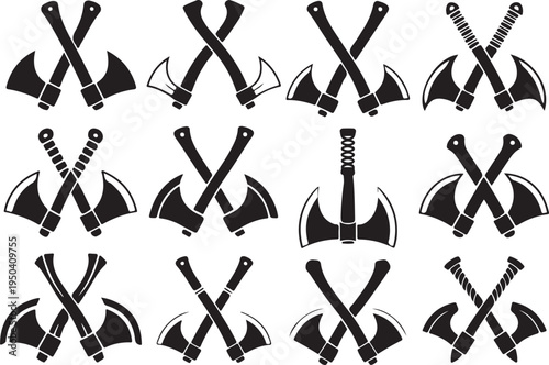 Crossed battle axes and tomahawks collection on transparent background vector set