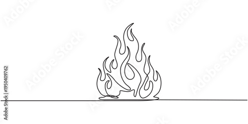 Fire icon in continuous one line drawing with minimalist style isolated outline illustration design. one line Icon drawing, Continuous one line drawing of a fire flame alongside a standard outline