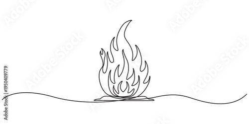 Fire icon in continuous one line drawing with minimalist style isolated outline illustration design. one line Icon drawing, Continuous one line drawing of a fire flame alongside a standard outline